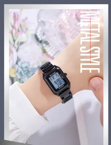 Skmei women digital watch square electronic wristwatch with steel strap waterproof design.