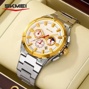 SKMEI Men Luxury Quartz Watch Business Stainless Steel Chronograph Waterproof Wristwatch