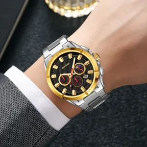 Mens business quartz watch with steel strap gold bezel and date calendar display.