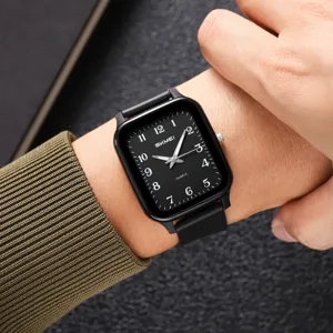 Minimalist square quartz watch with Arabic numerals and sleek black strap for daily wear.