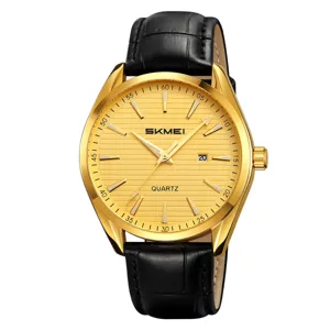 Herren Gold Quarzuhr mit strukturiertem Zifferblatt und schwarzem Lederarmband, Business Uhr.