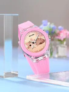 Pink quartz children watch with cute cat dial, clear silicone strap and transparent case.