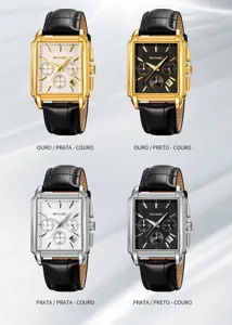 Close-up detail of rectangular quartz watch with multi-functional sub-dials & leather strap.
