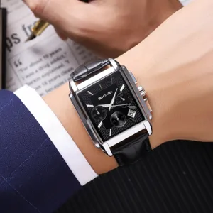 Men Business Quartz Watch Square Dial Multifunction Sub Dials Stainless Steel Strap Waterproof Chronograph Wristwatch