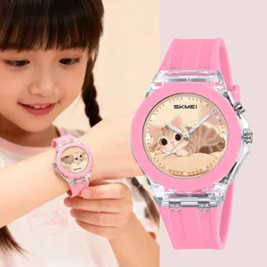 Pink silicone strap quartz kids watch with cute cat dial, clear case, main product view.