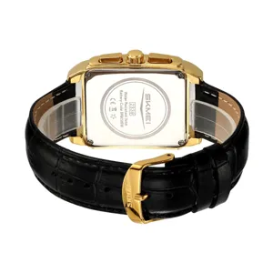 Men's square quartz watch with black leather strap, 3atm waterproof business wrist watch for men.