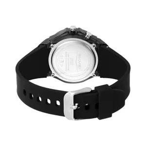Back view of children silicone quartz watch, featuring black strap and waterproof 5ATM design.