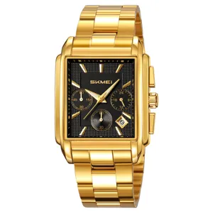 Men's Gold Quartz Watch Rectangular Dial Steel Strap Three Sub-dials Calendar Chronograph