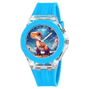 Children silicone quartz watch with cute cartoon dinosaur dial and clear case for kids.