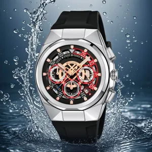 Men's Quartz Watch Multifunctional Hollow Dial Waterproof Luminous Sports Wristwatch Stainless Steel Case Silicone Strap
