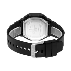 SKMEI square digital sports watch back view, waterproof electronic watch with resin strap.