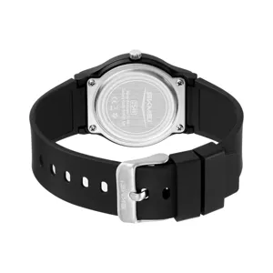 Black quartz watch for men and women featuring 50m water resistance and metal buckle