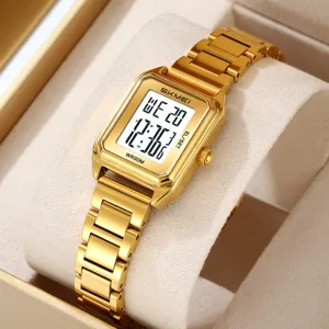 SKMEI Gold Digital Square Women Watch Stainless Steel Strap Waterproof Fashion Wristwatch