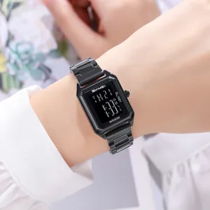 Women black square digital watch with steel strap, stylish waterproof electronic wristwatch.