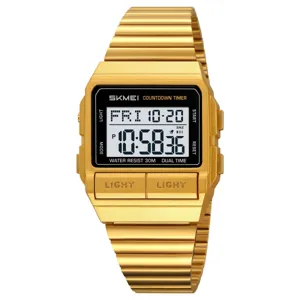 Gold retro digital watch for men, waterproof square electronic wristwatch with countdown.