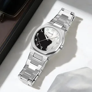 Men's quartz watch silver stainless steel band octagonal dial arabic business waterproof watch