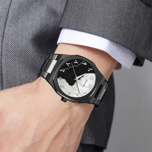 Men's stainless steel quartz watch with Arabic numerals and stylish black dial for business.