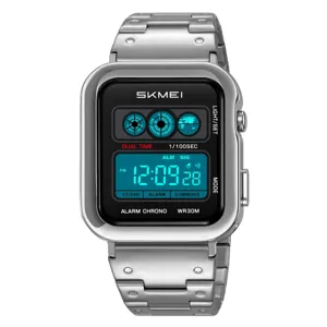 Men's stainless steel digital wristwatch waterproof dual time sports watch with LED screen