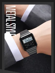 Men's digital wristwatch with black metal strap and square dial for business and daily wear.