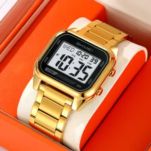 Men's Digital Watch Square Stainless Steel Band Waterproof Electronic Wristwatch Business Sport Watch