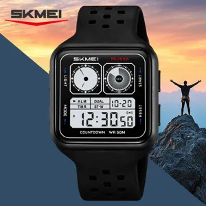 SKMEI mens digital sports watch waterproof outdoor multi-function silicone strap square dial