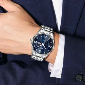 Montre quartz homme bracelet métal argenté cadran bleu calendrier étanche casual chic
