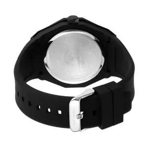 Men minimalist casual quartz watch with black silicone strap and steel back cover.