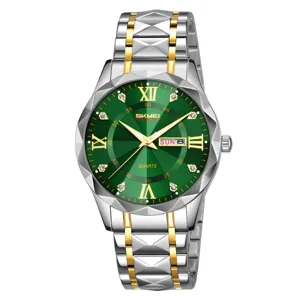 Montre quartz homme SKMEI cadran vert bracelet acier inoxydable bicolore affichage date