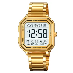 Gold square digital watch for men, multi-functional stainless steel strap sports wristwatch.