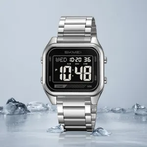 SKMEI men's square digital watch with stainless steel strap waterproof electronic sports watch