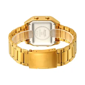 Gold square digital watch for men with metal strap, waterproof electronic wristwatch 3ATM.