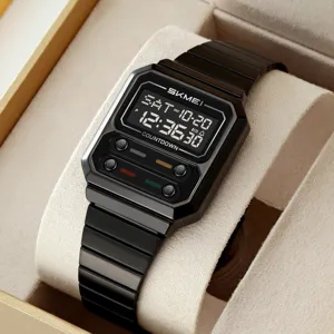 SKMEI men vintage digital watch black steel strap business multifunctional waterproof