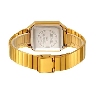 SKMEI men vintage square digital watch with golden stainless steel strap waterproof back view