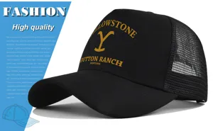 Classic black trucker hat with Yellowstone Dutton Ranch printed logo breathable mesh cap.