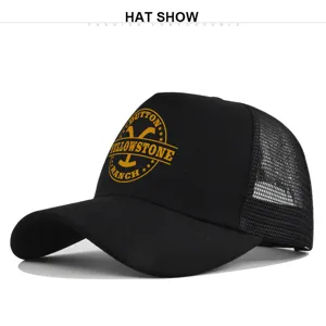 Gorra de béisbol de malla negra con estampado Yellowstone, gorra trucker transpirable.