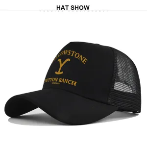 Detailed view of the black mesh baseball cap featuring Yellowstone Dutton Ranch printed logo.