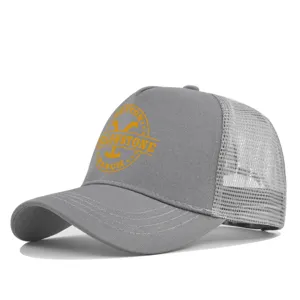 Grey trucker baseball cap with yellow Yellowstone Ranch print, breathable mesh summer sun hat.