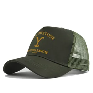 Dark green mesh trucker hat featuring Yellowstone Dutton Ranch and Yellowstone logo print.