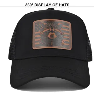 Black mesh baseball cap with a stylish raccoon leather patch for outdoor sun protection