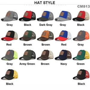 Gorra de béisbol de malla con parche de cuero, gorra trucker transpirable para verano.