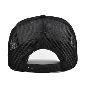 Black mesh trucker hat rear view showing adjustable plastic snapback closure detail.