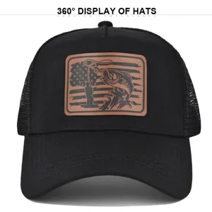 Detail view of the black trucker cap featuring a stylish brown fishing patch and mesh back.