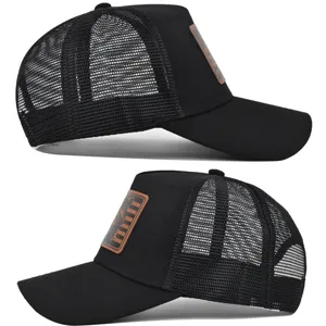 Black mesh baseball cap with brown leather scorpion patch, breathable trucker hat for summer.