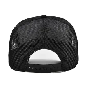 Gorra trucker negra de malla con cierre snapback ajustable para verano y ocio al aire libre.