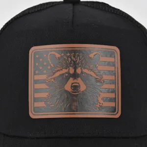 Classic black mesh baseball cap with a cool raccoon US flag leather patch for summer.
