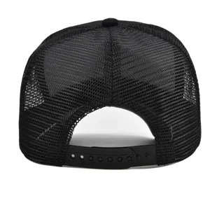 Zwarte mesh honkbalpet met verstelbare sluiting, ademend truckerpet ontwerp voor zomer.