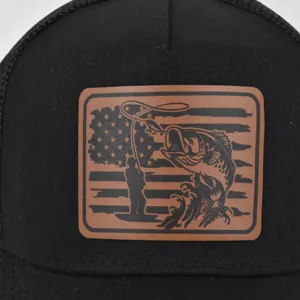 Black mesh baseball cap featuring a stylish American flag fishing leather patch design for outdoor.