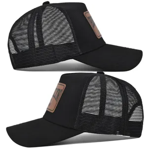 Black mesh trucker hat with a brown leather patch on the front, breathable and stylish for summer.