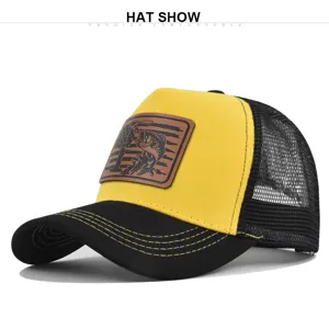 Classic yellow and black mesh trucker hat with leather patch, breathable summer baseball cap.