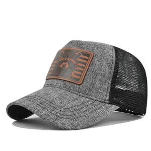 Grey mesh baseball cap with a distinctive brown leather raccoon patch on the front.